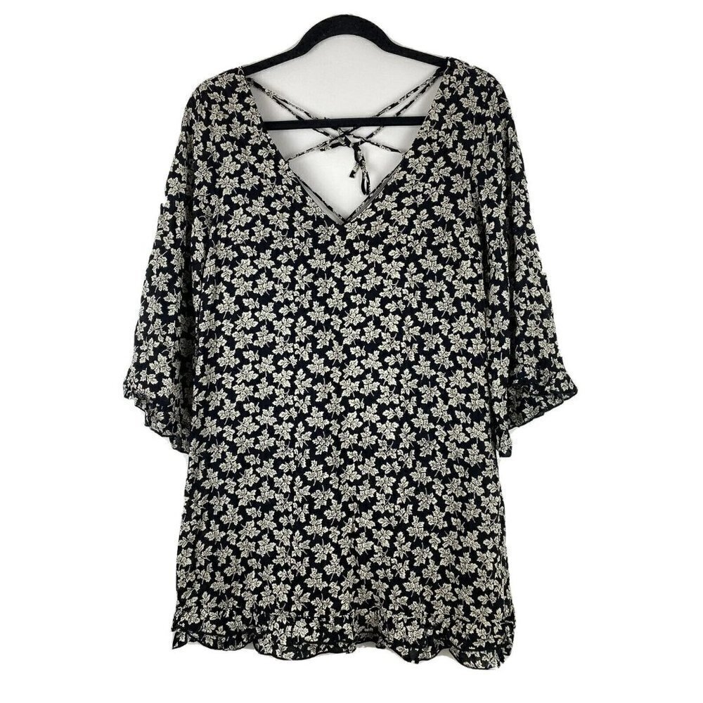 Sage Womens Floral Tunic Size S Black White Ruffle Lace Up Back